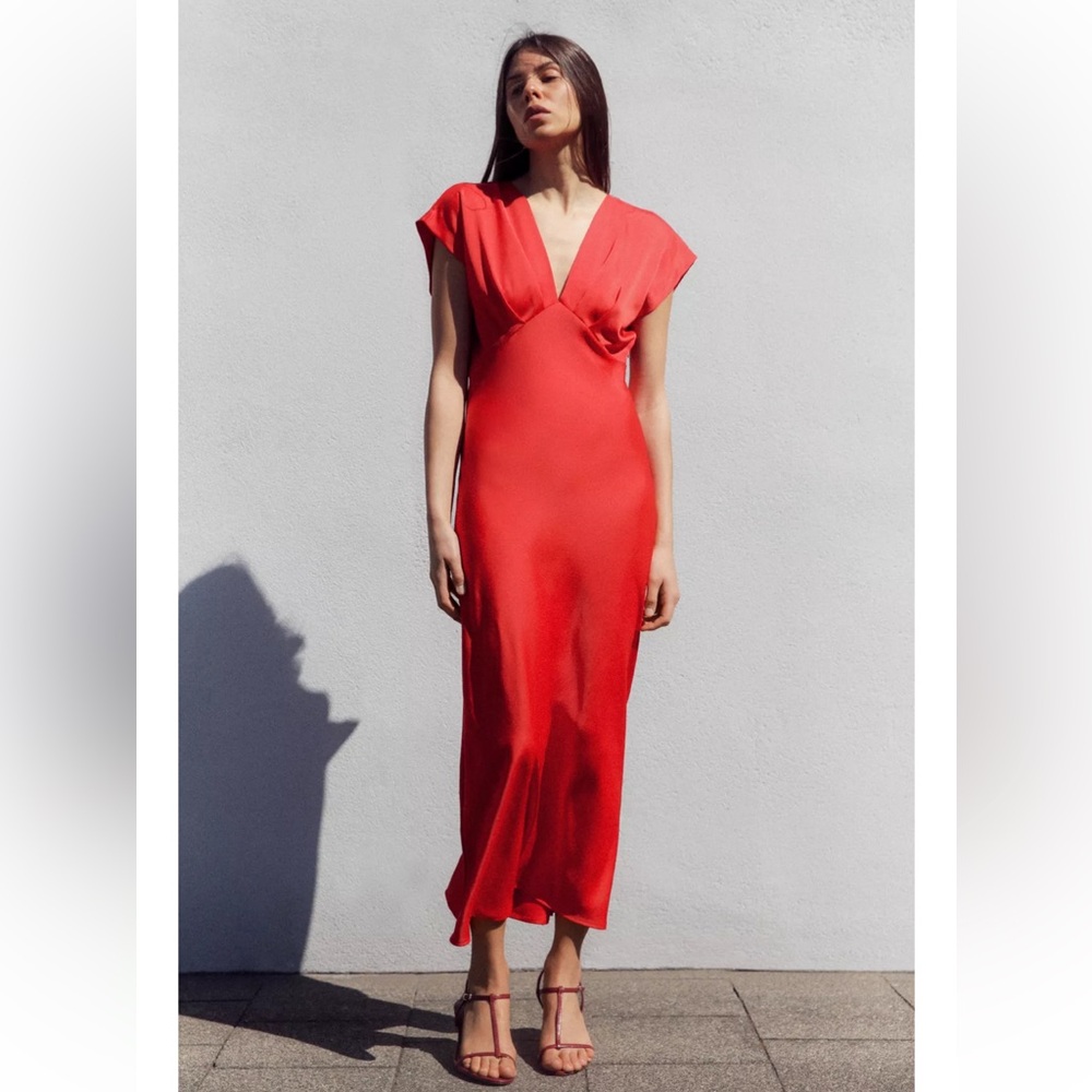 Zara Satin Red Dress NWT - Picture 5 of 11